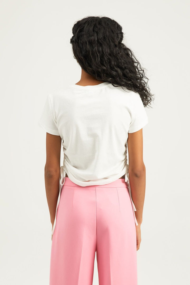 Embroidered Ruffle Detailed T-Shirt White