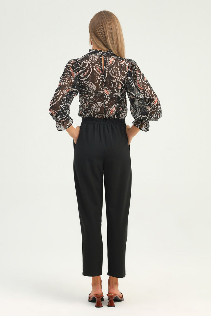 Patterned Frilled Tulle Blouse Black