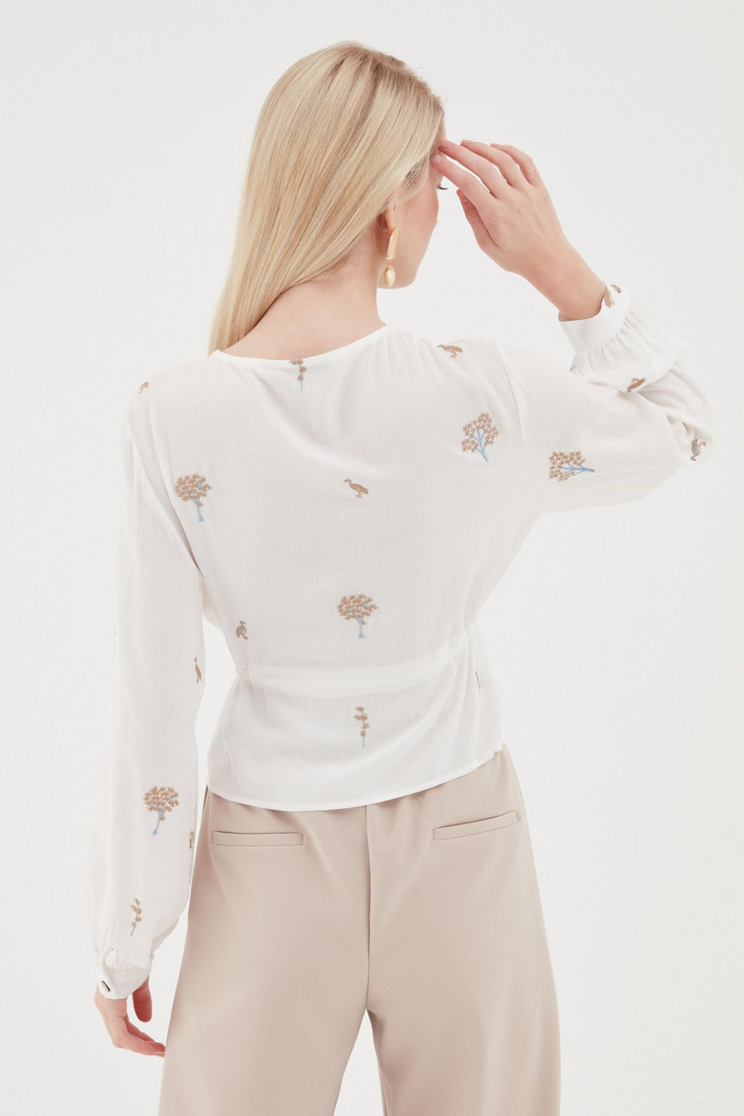 Patterned V-Neck Blouse White
