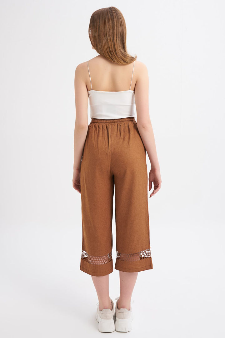 File Detaylı Keten Pantolon Kahverengi