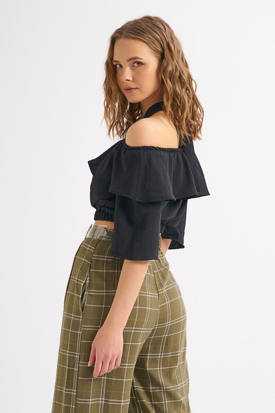 Belt Detailed Plaid Linen Trousers Khaki