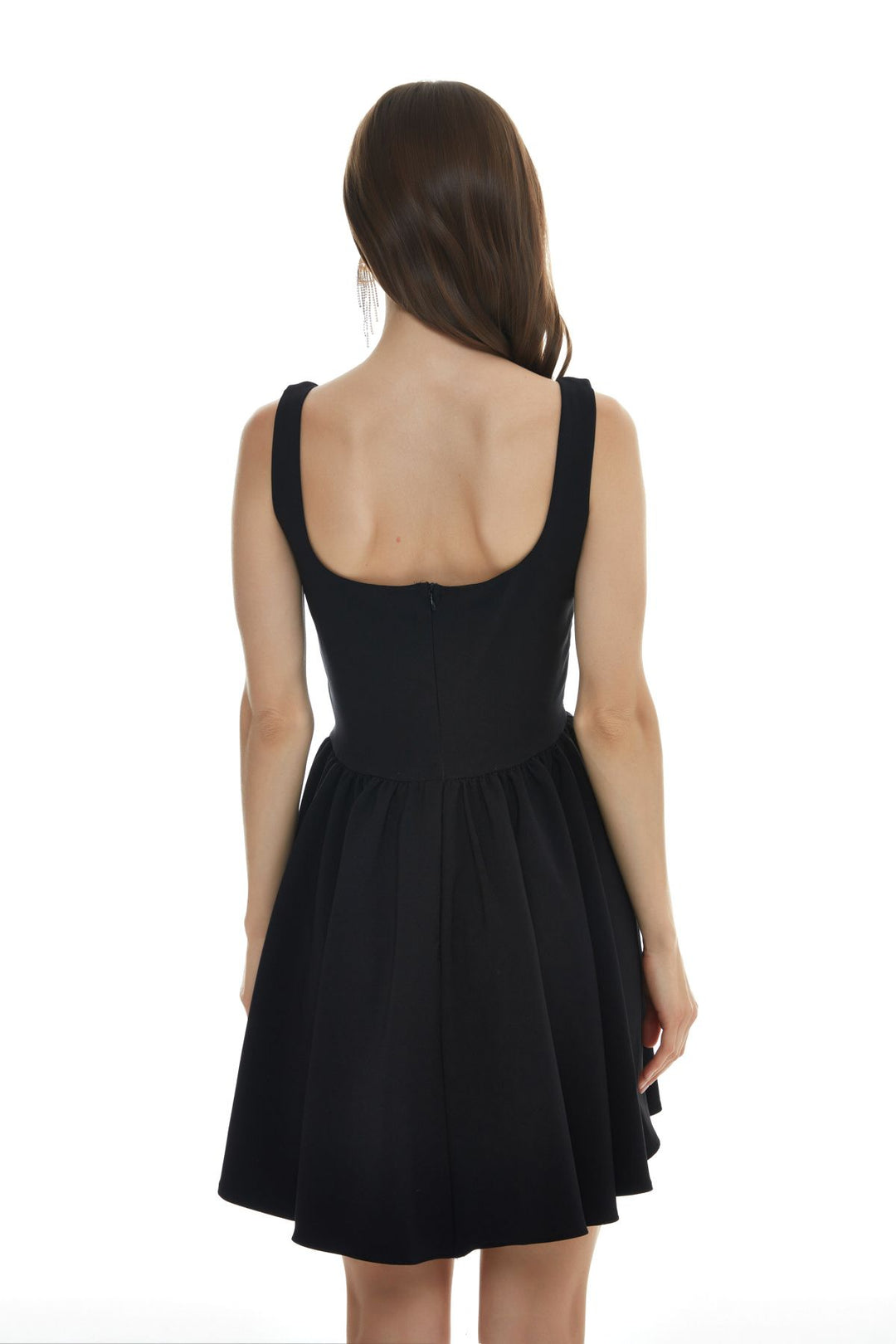 Square Neck Elastic Waist Mini Dress Black