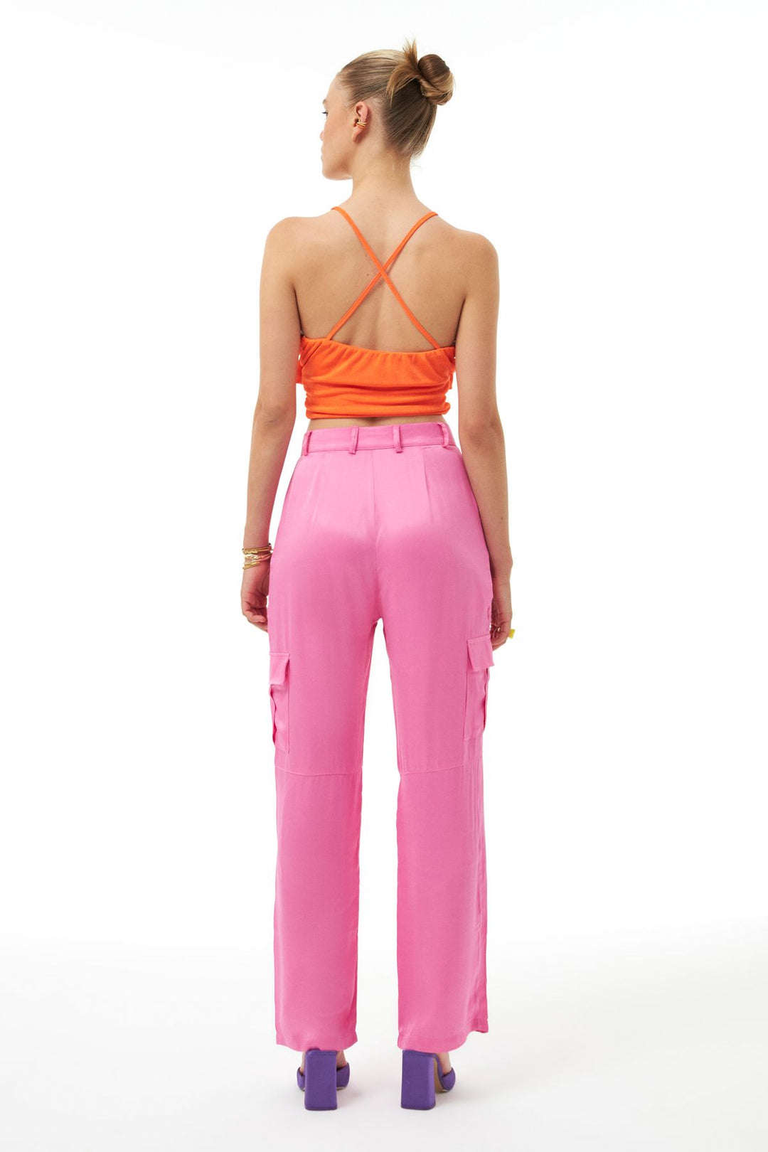 Satin Cargo Pants Neon Pink
