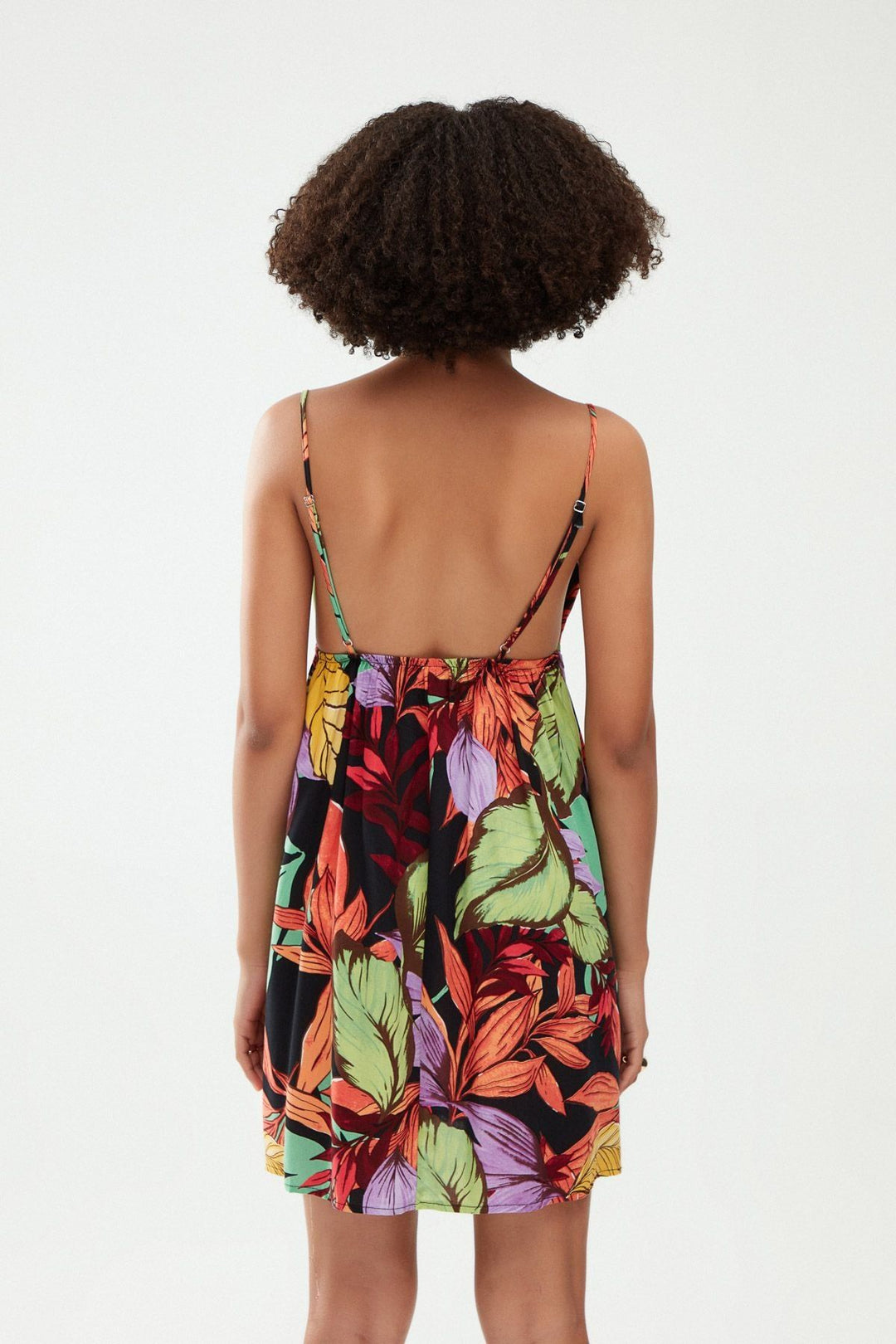 Desenli Askılı V Yaka Mini Elbise Siyah