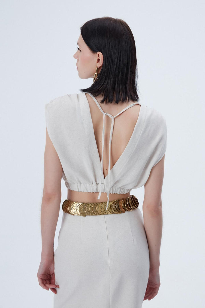 Pleated Shoulder Crop Blouse Natural