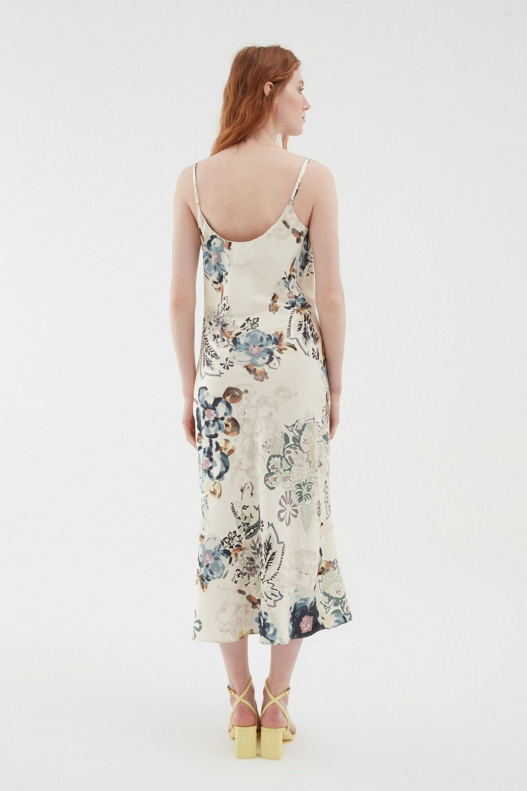 Patterned Plunging Collar Satin Dress Ecru