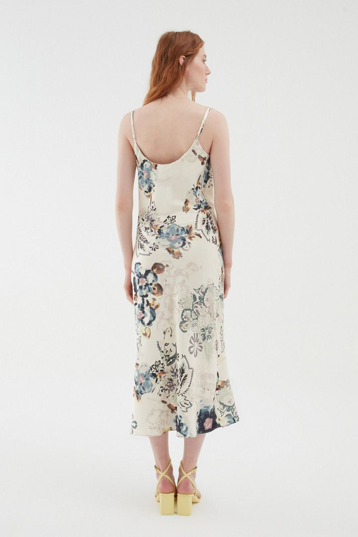 Patterned Plunging Collar Satin Dress Ecru