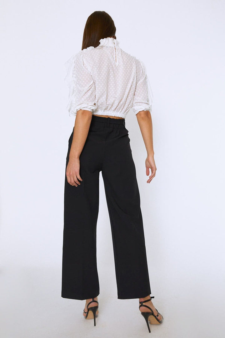 Fırfırlı Beli Lastikli Crop Bluz Ekru