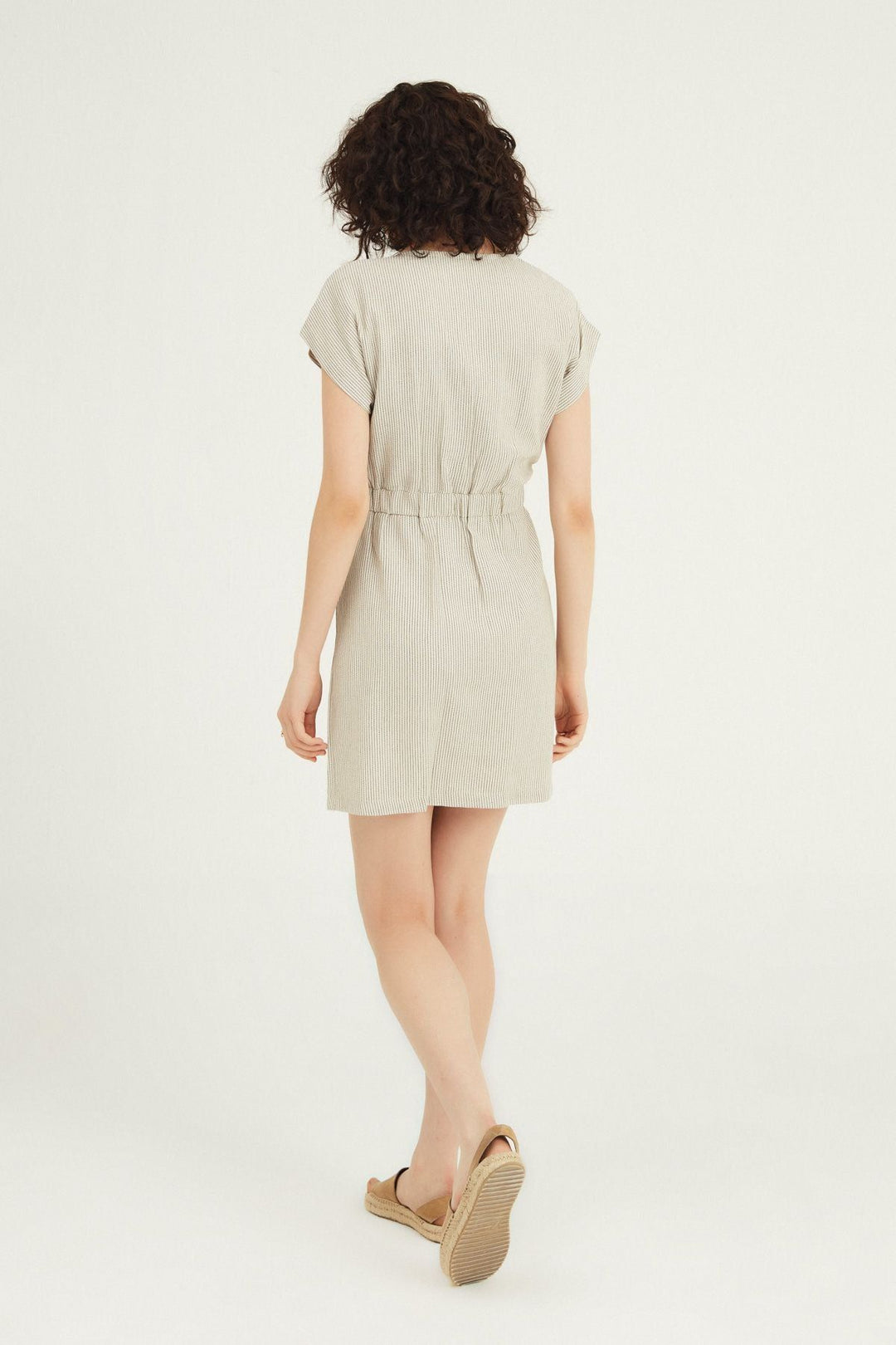 V Neck Buttoned Linen Dress Black