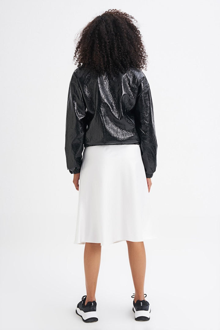 Kolları Lastikli Fermuarlı Deri Ceket Siyah