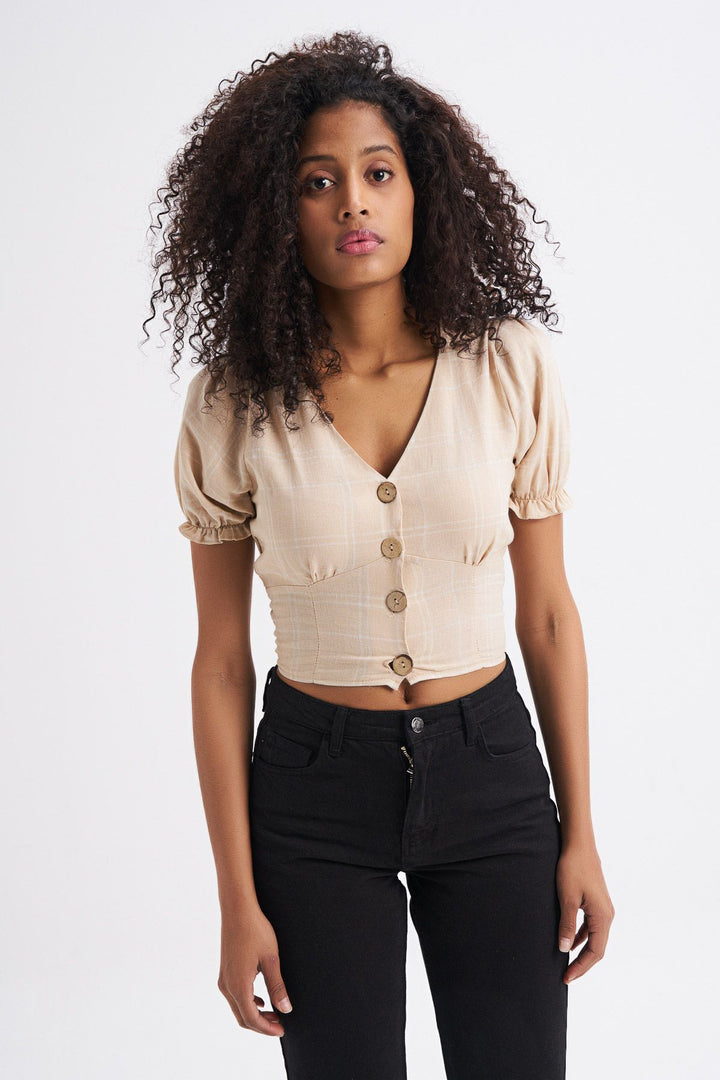 V Neck Plaid Linen Blouse Beige