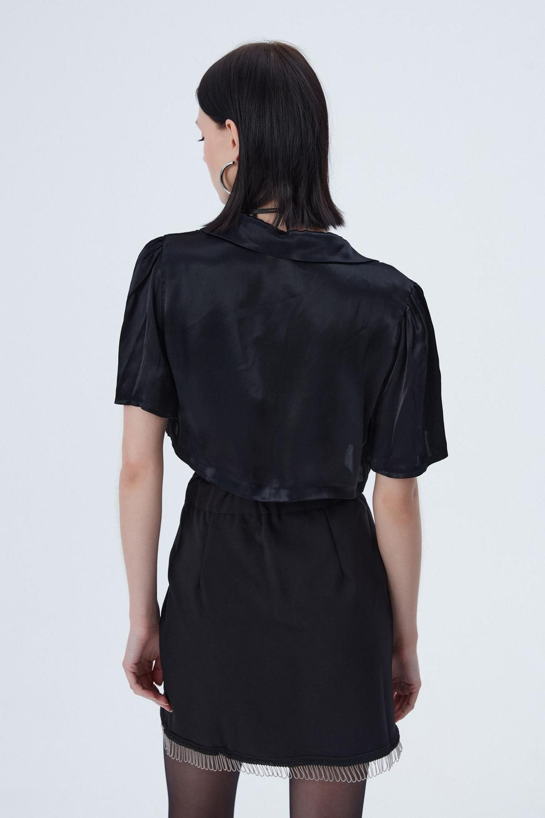 Button Detailed Crop Satin Shirt Black