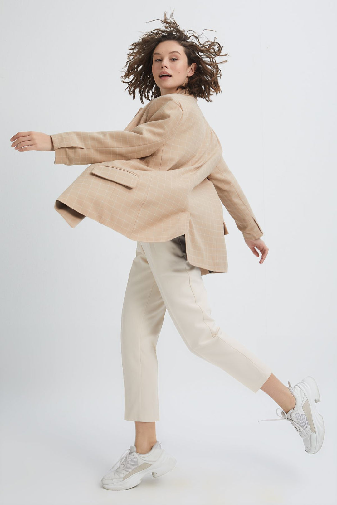 Kareli Oversize Blazer Ceket Bej