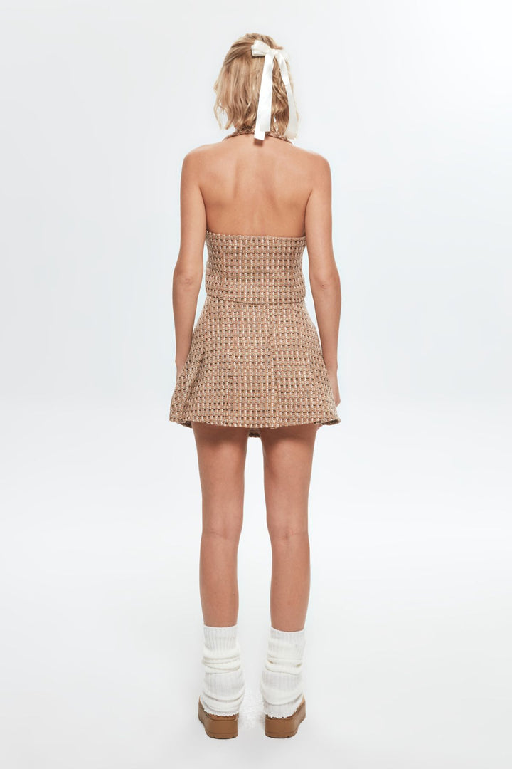 Thick Pleated Tweed Mini Skirt Brown