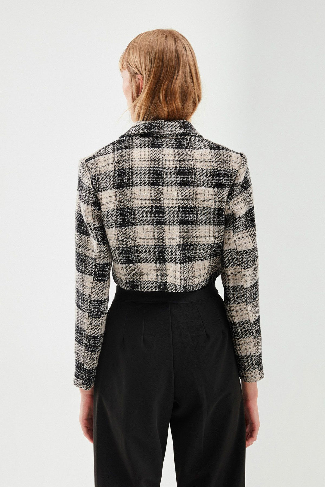 Ekose Crop Blazer Ceket Siyah