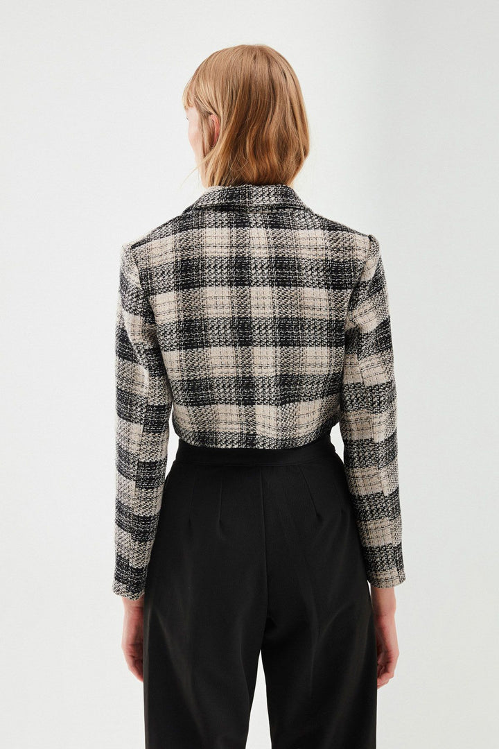 Ekose Crop Blazer Ceket Siyah