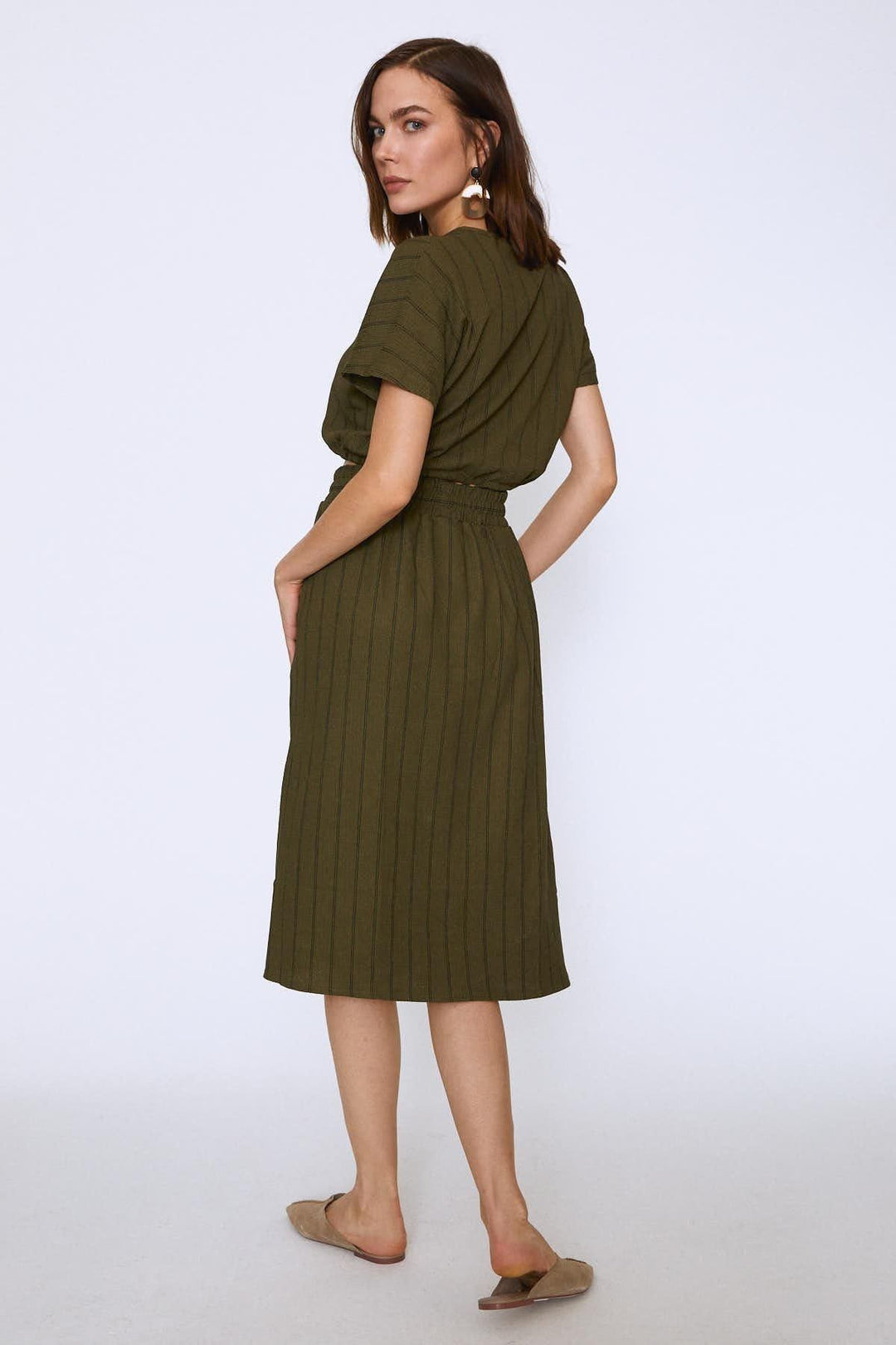Striped Elastic Waist Midi Skirt Khaki