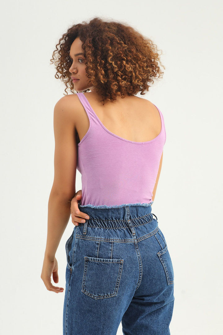 Letter Printed Strap Bodysuit Lilac