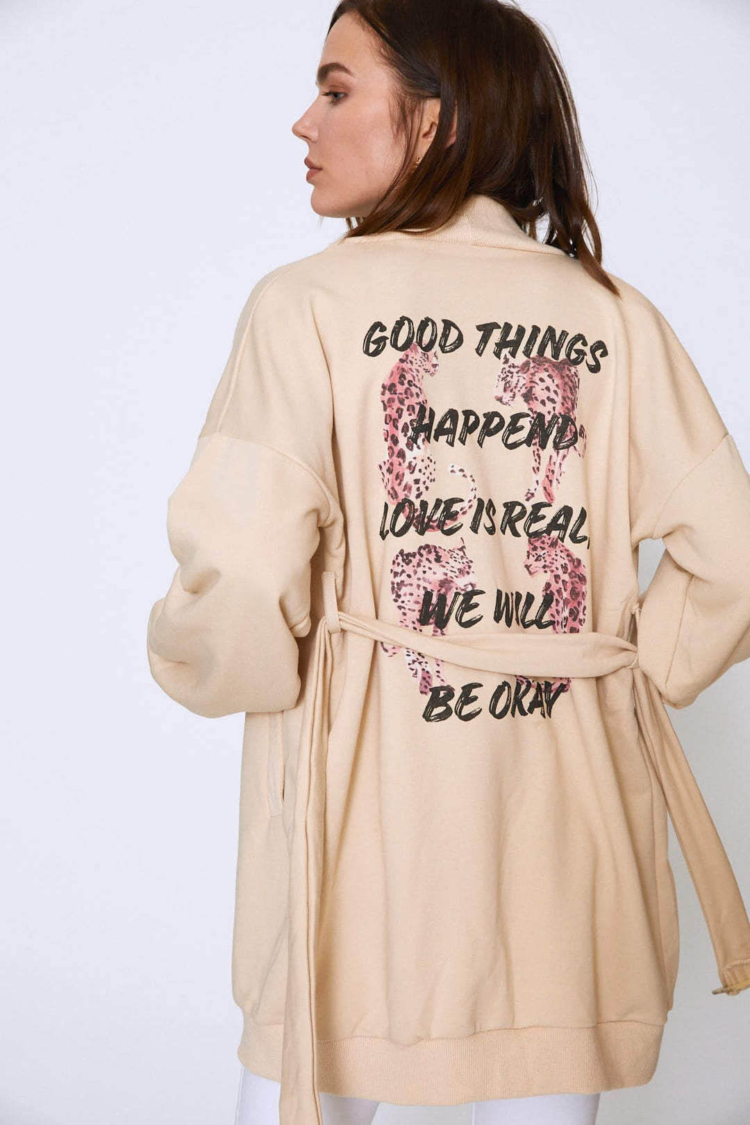 Printed Back Long Sweatshirt Beige