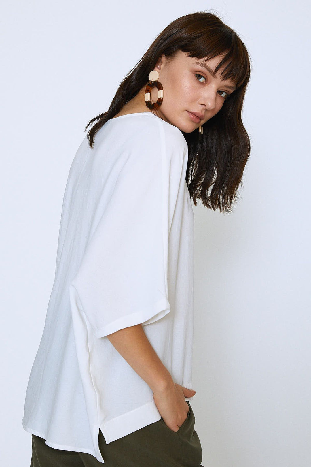 Düğmeli Oversize Bluz Ekru