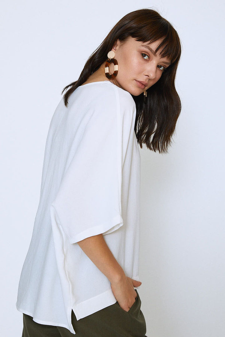 Düğmeli Oversize Bluz Ekru