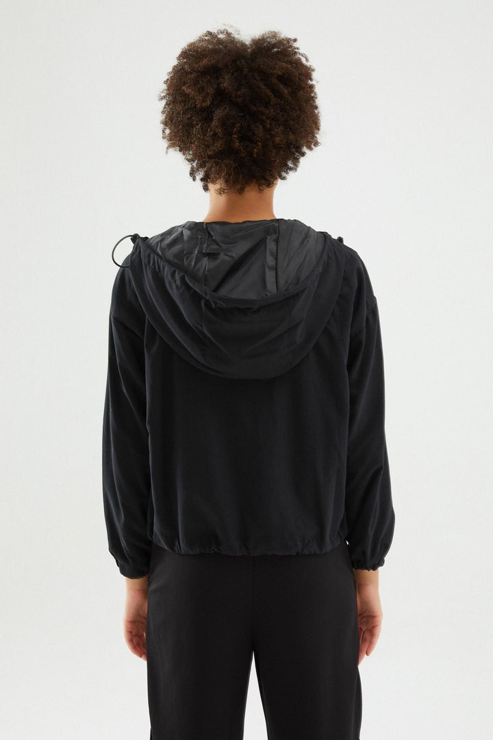 Hooded Gathered Waist Raincoat Black