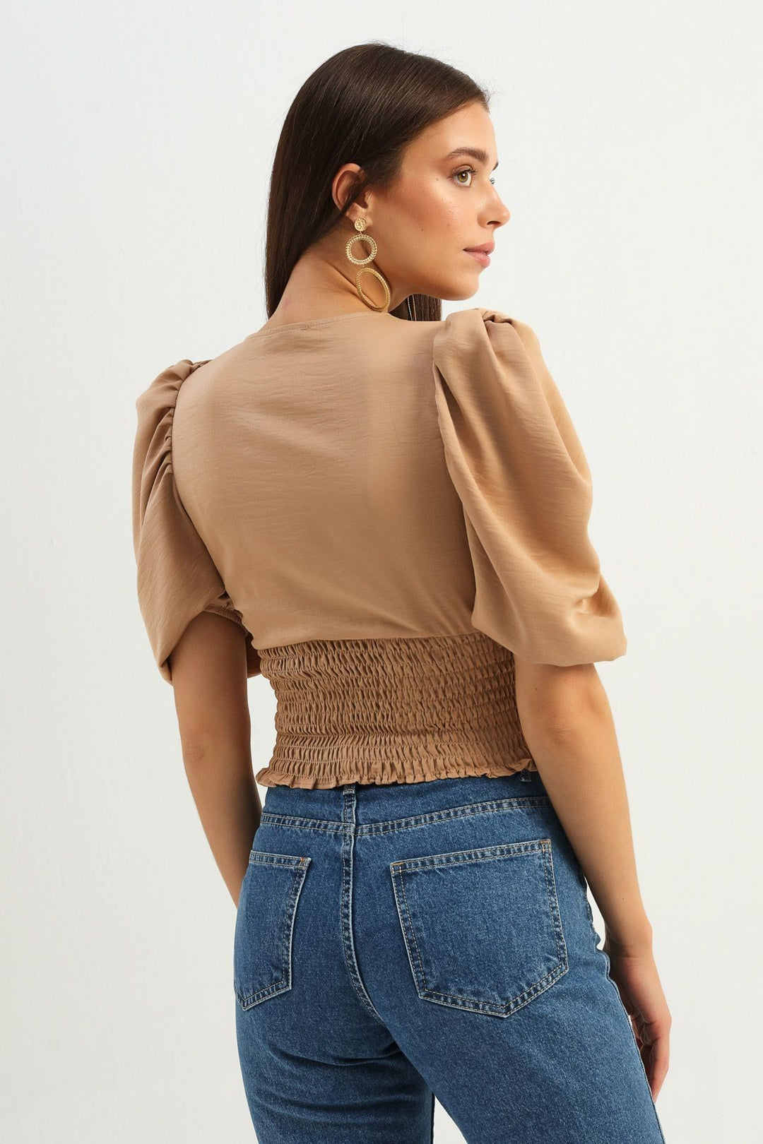 Balloon Sleeve Waistband Gipe Blouse Camel