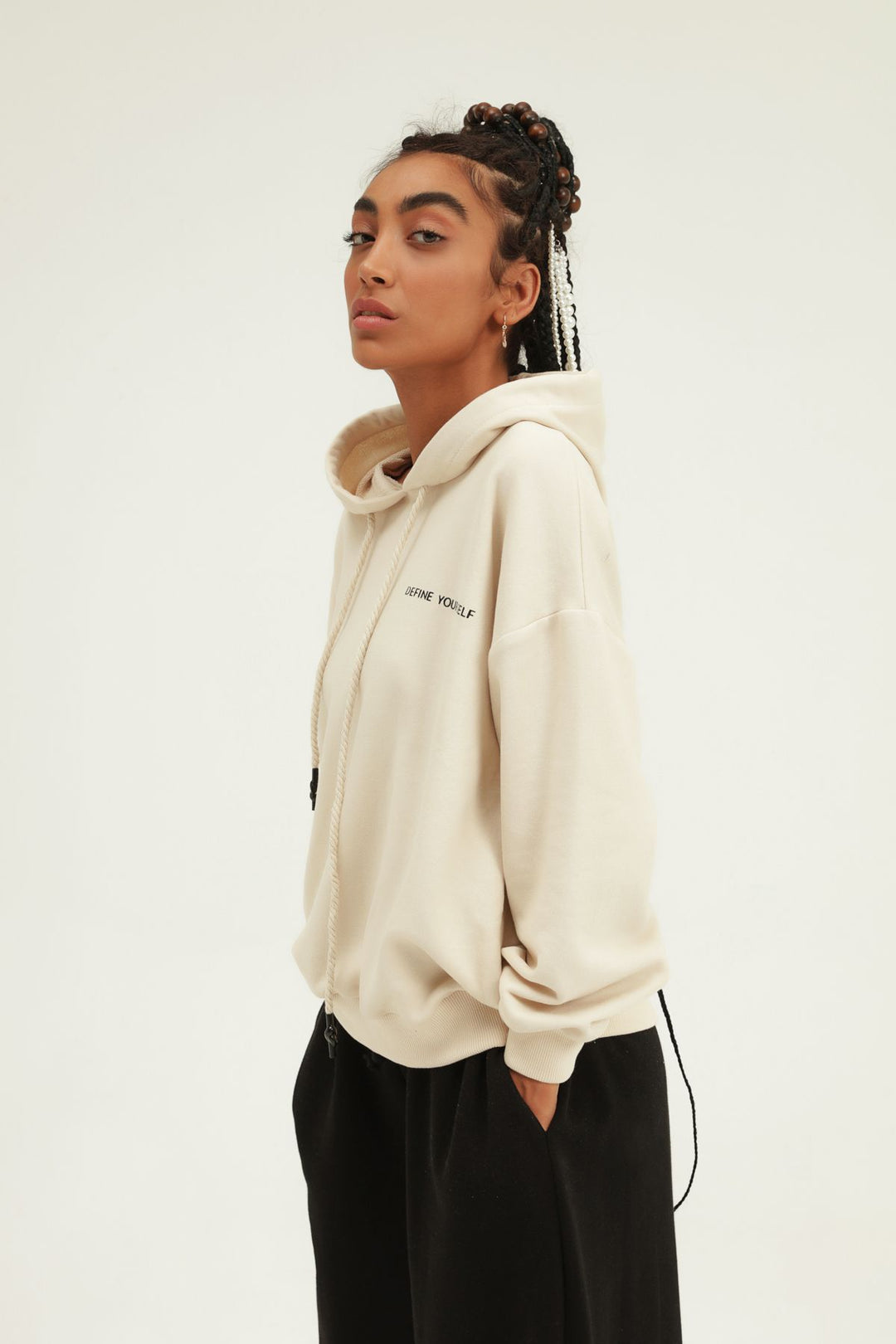 Baskılı Kapüşonlu Sweatshirt Bej