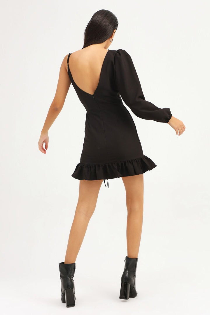 Pleated Asymmetrical Sleeve Dress Black