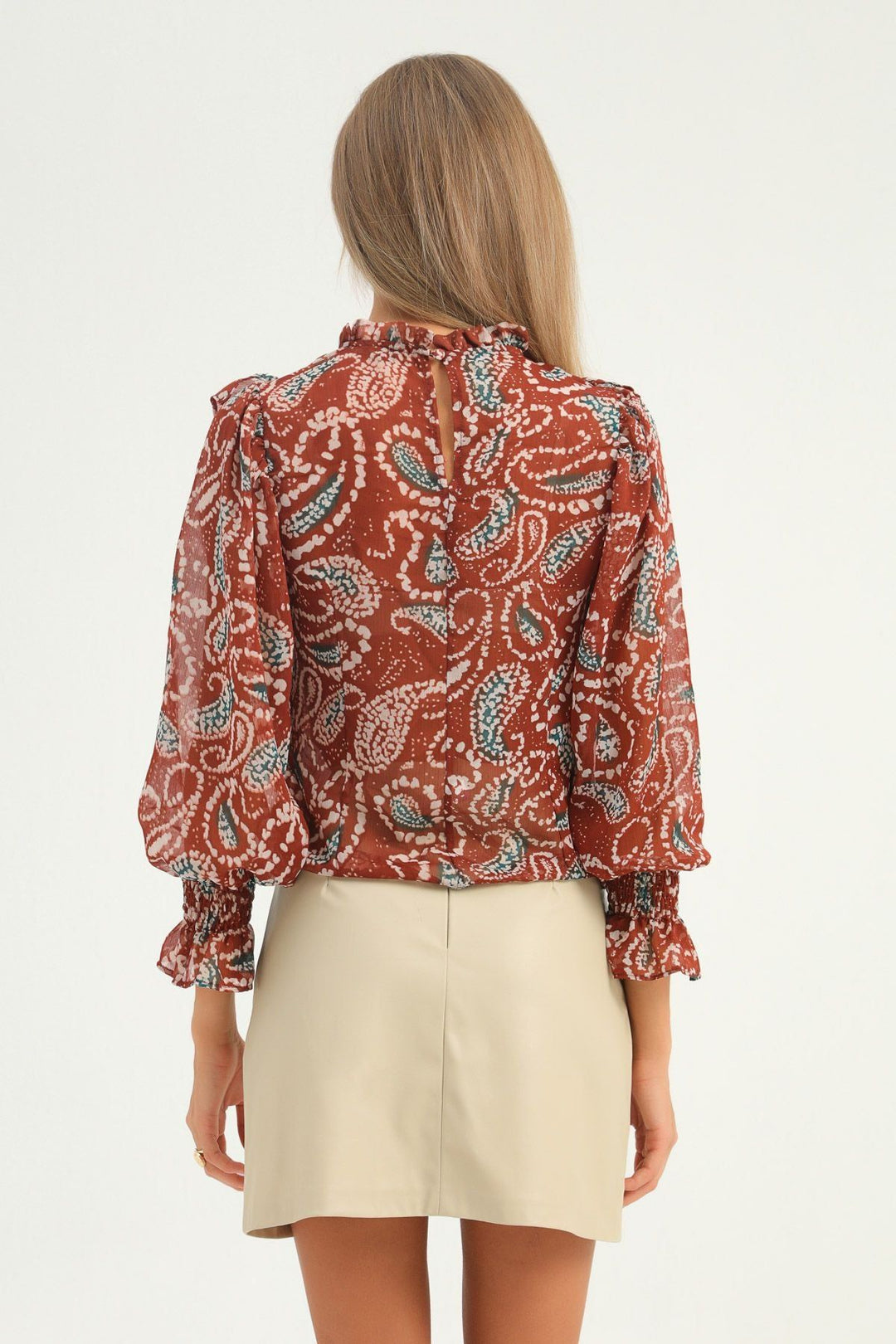 Patterned Ruffle Tulle Blouse Tile