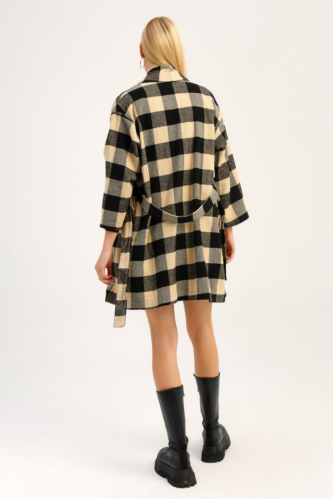 Ekose Uzun Ceket Siyah