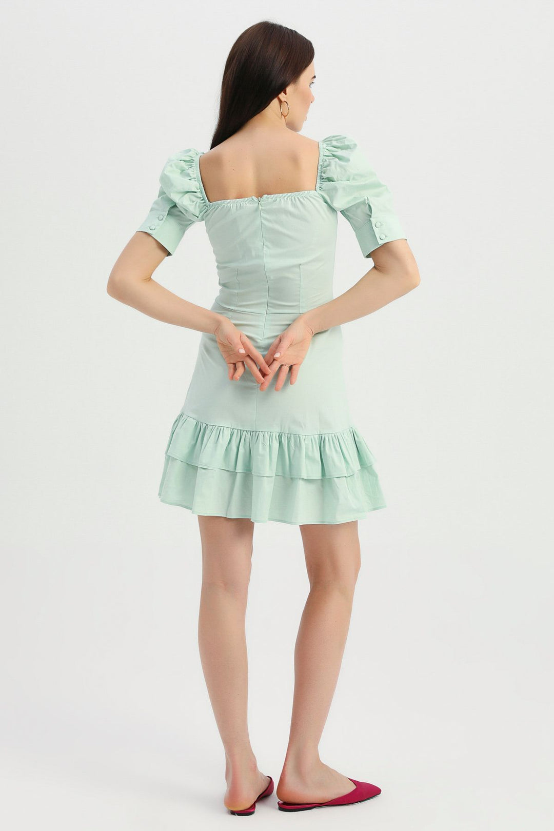 Tie Detailed Balloon Sleeve Dress Mint