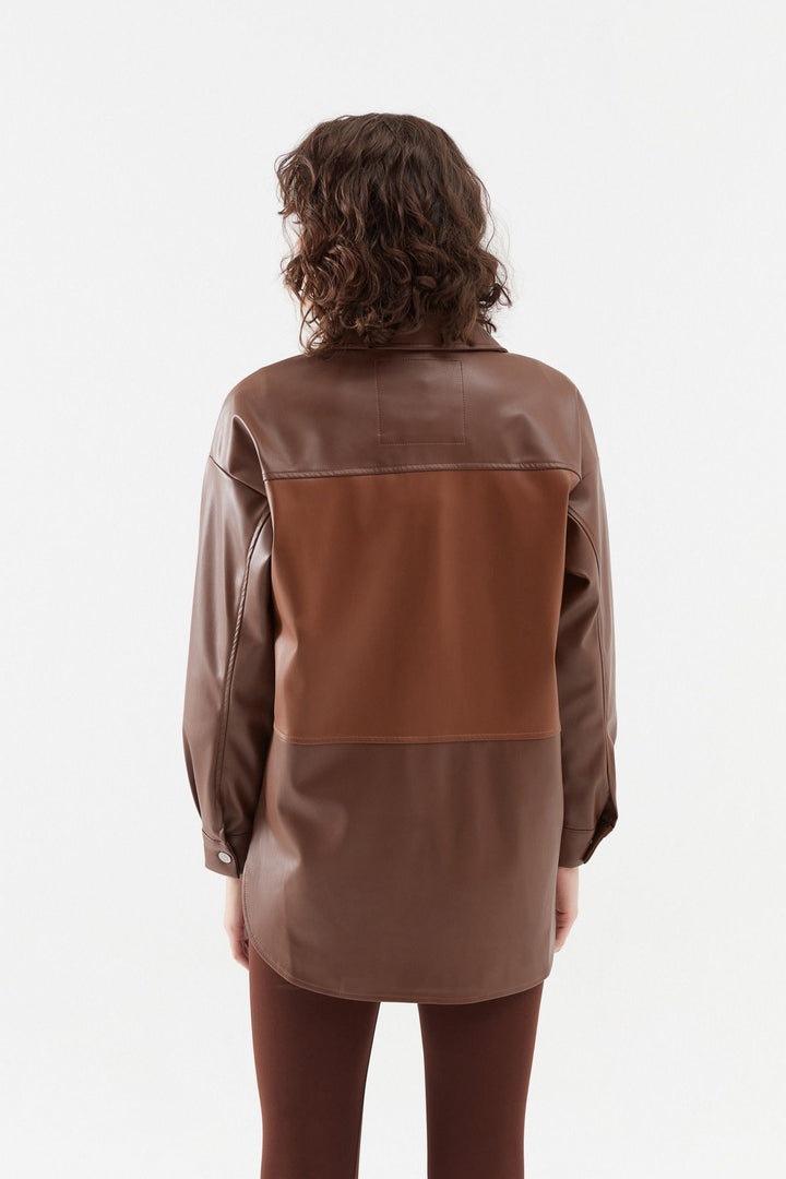 Bloklu Deri Gömlek Koyu Kahve