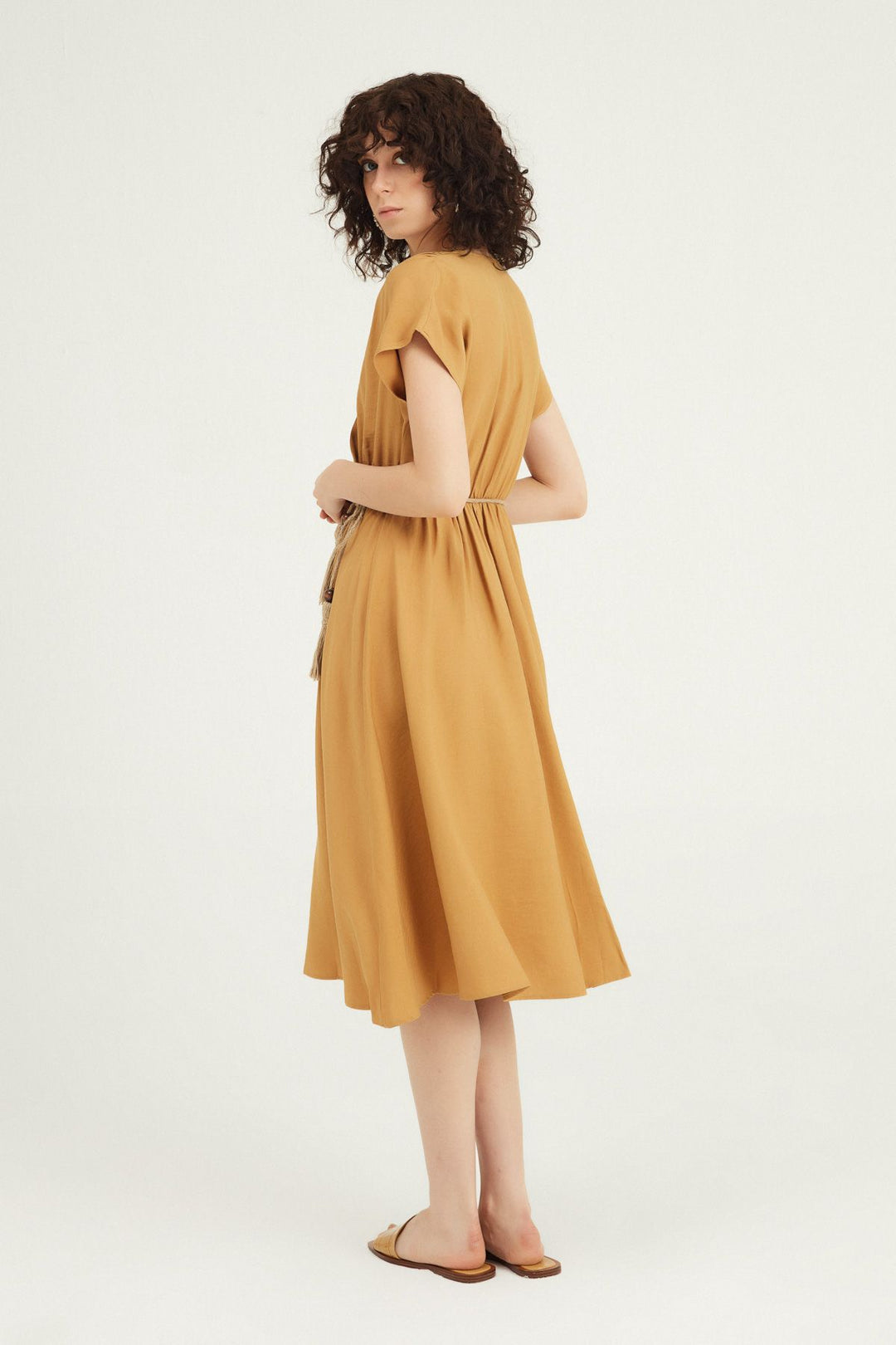 Double Breasted Straw Belt Dress Camel