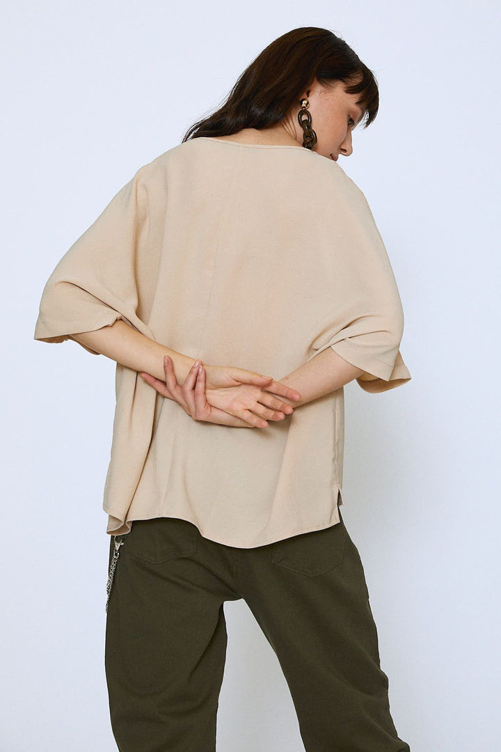 Düğmeli Oversize Bluz Taş