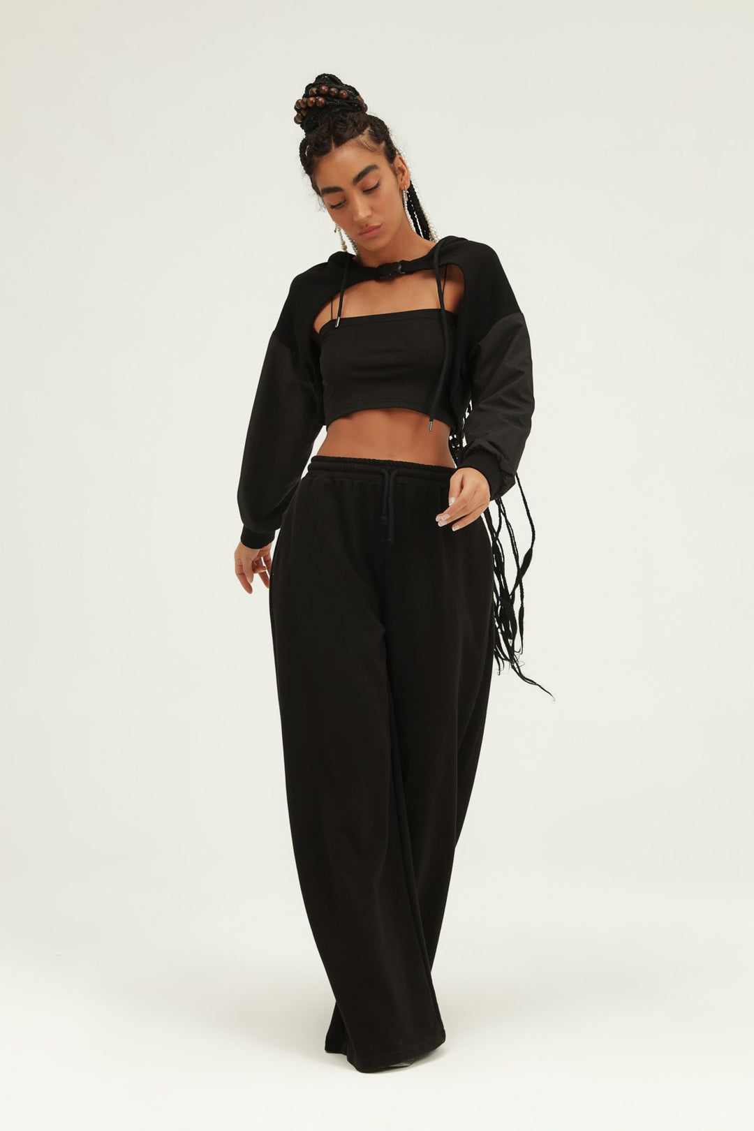 Elastic Waist Wide Leg Tracksuit Black