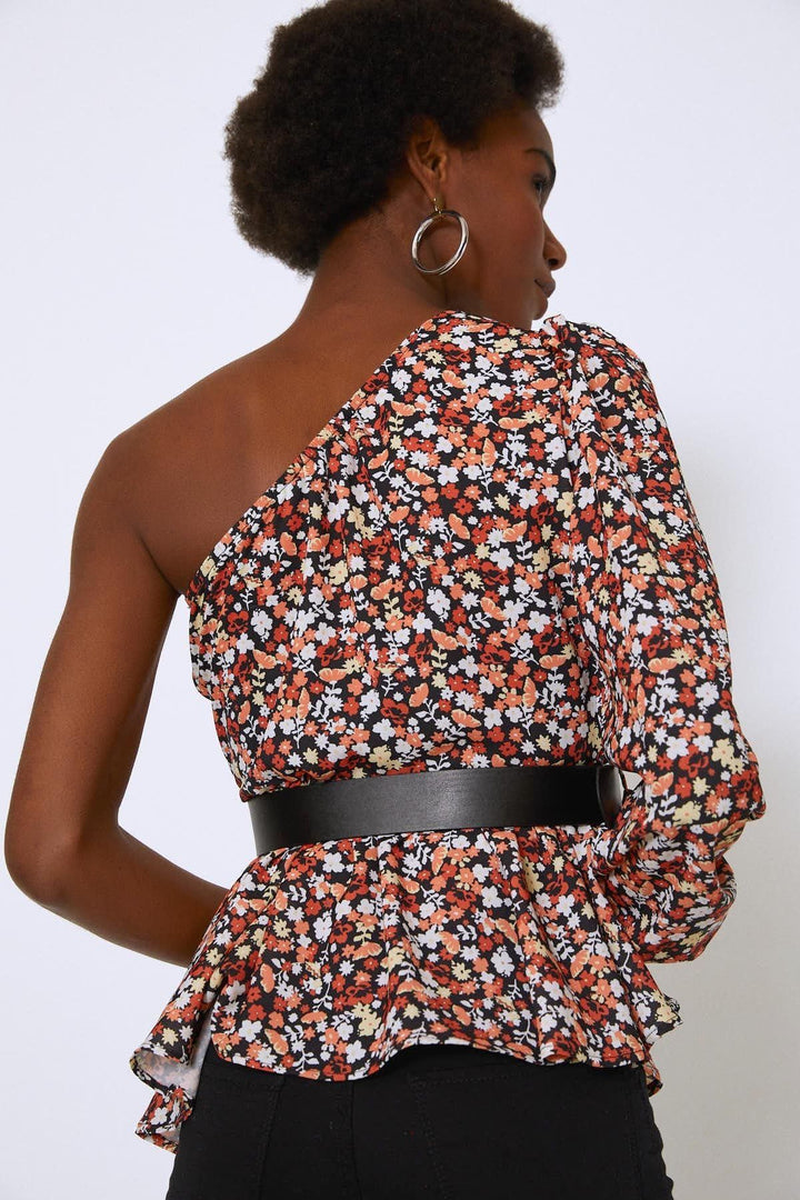 Tek Omuz Beli Kemerli Bluz Oranj