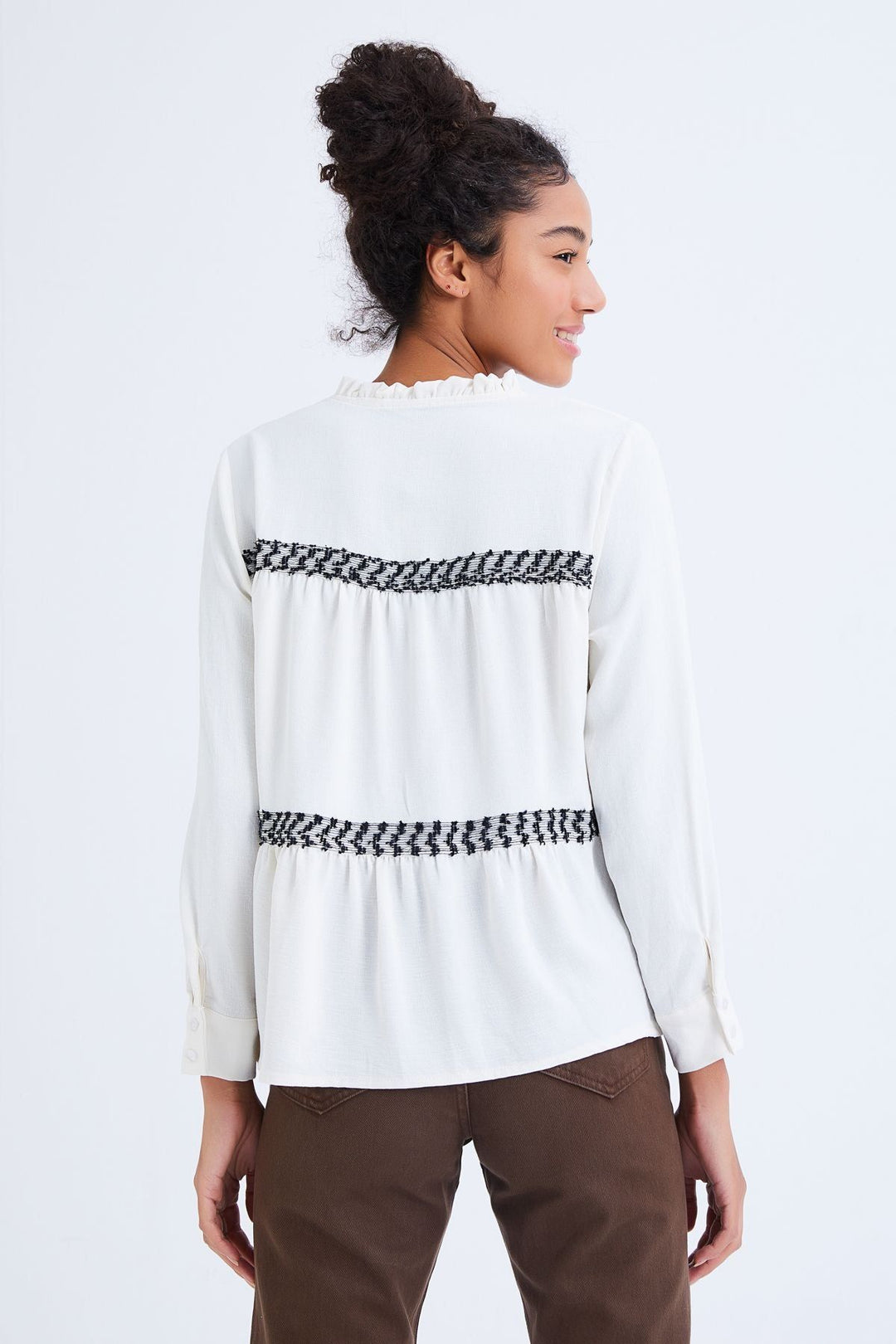 V-Neck Ruffled Striped Shirt Ecru