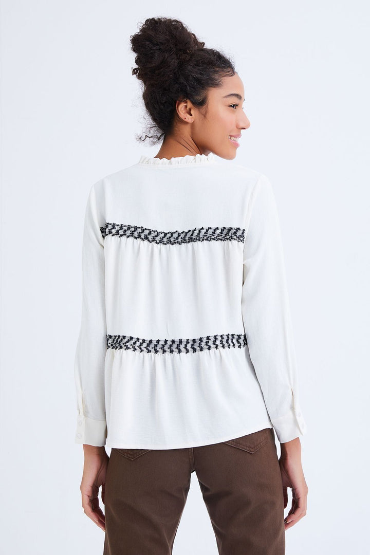 V-Neck Ruffled Striped Shirt Ecru