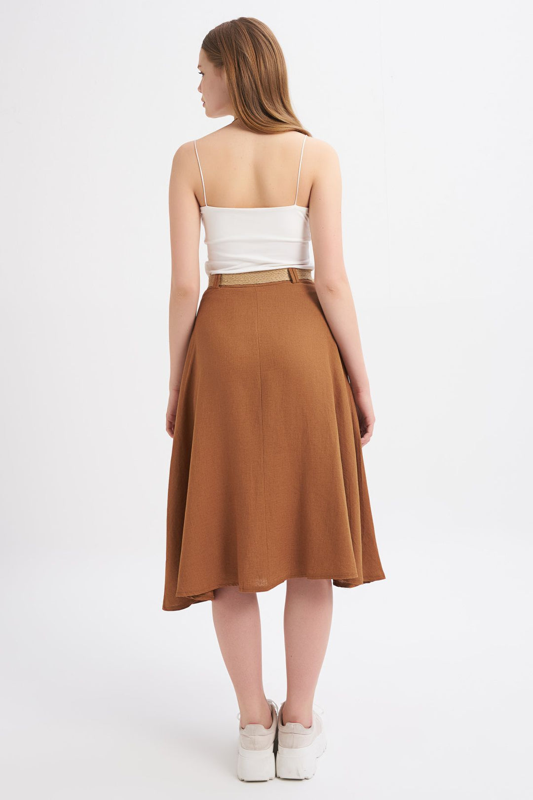 Belted Button Front Linen Skirt Brown