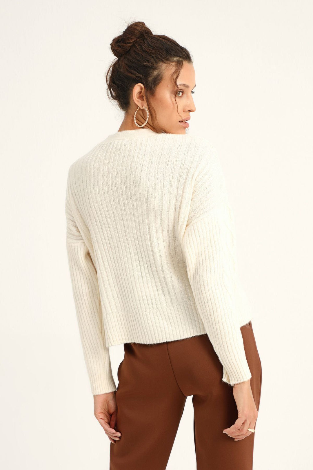 Baklava Desen Düğmeli Hırka Ekru