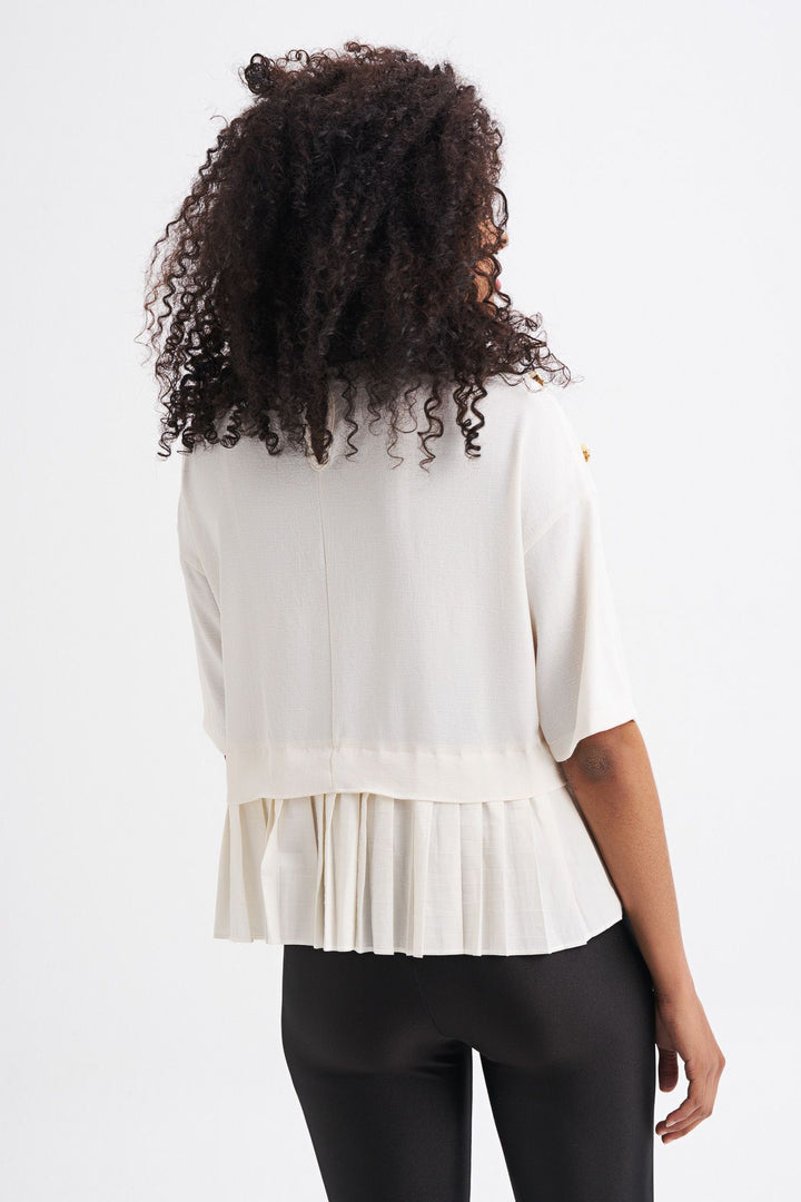 Button Accessory Embroidered Frilly Blouse Ecru