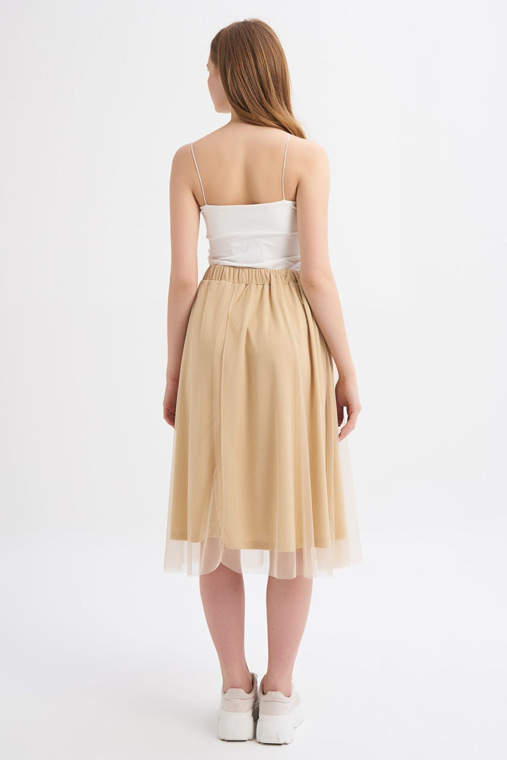 Pleated Tulle Detailed Midi Skirt Beige