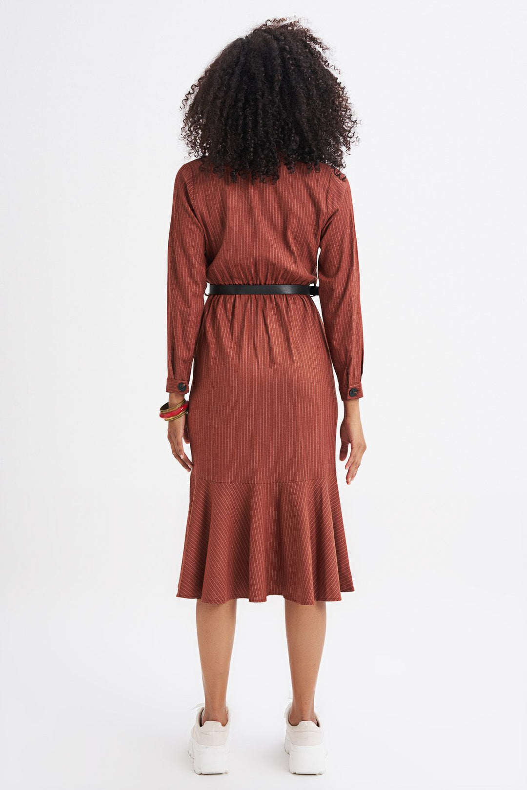 Belt Detailed Front Buttoned Striped Dress Tile