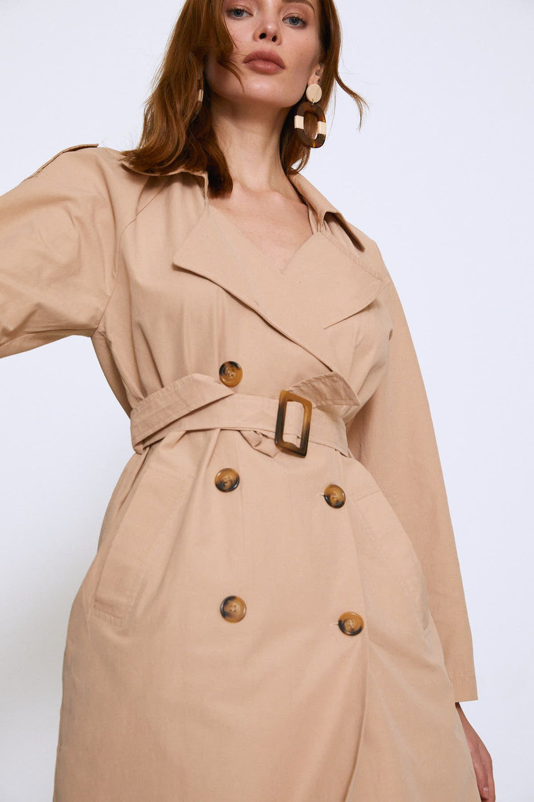 Apoletli Beli Kuşaklı Trençkot Camel