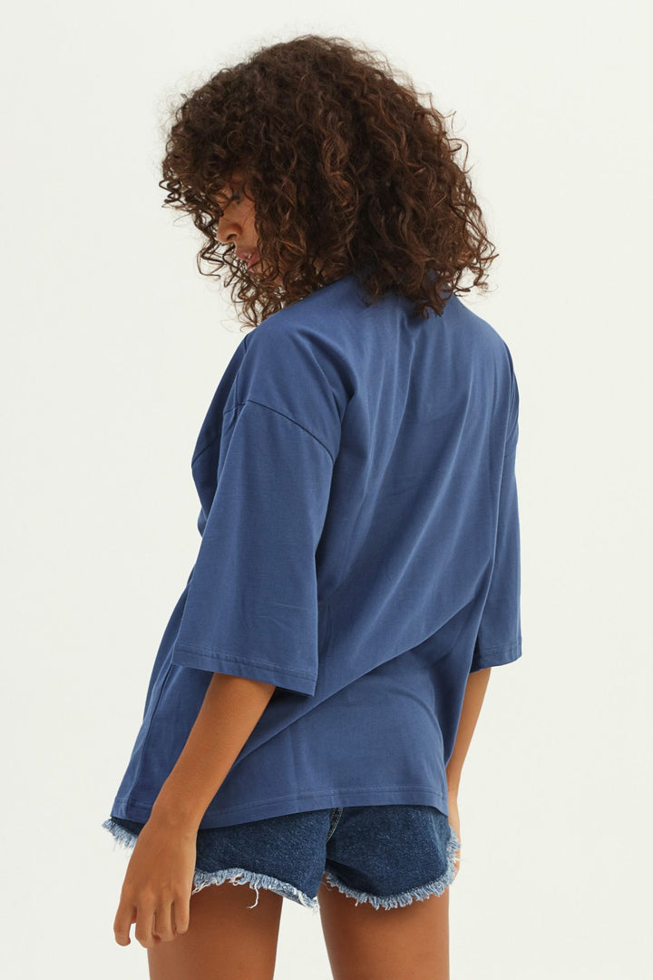 V Yaka Truvakar Kol Tişört İndigo