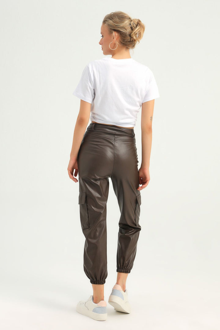 Cargo Pocket Leather Jogger Pants Brown