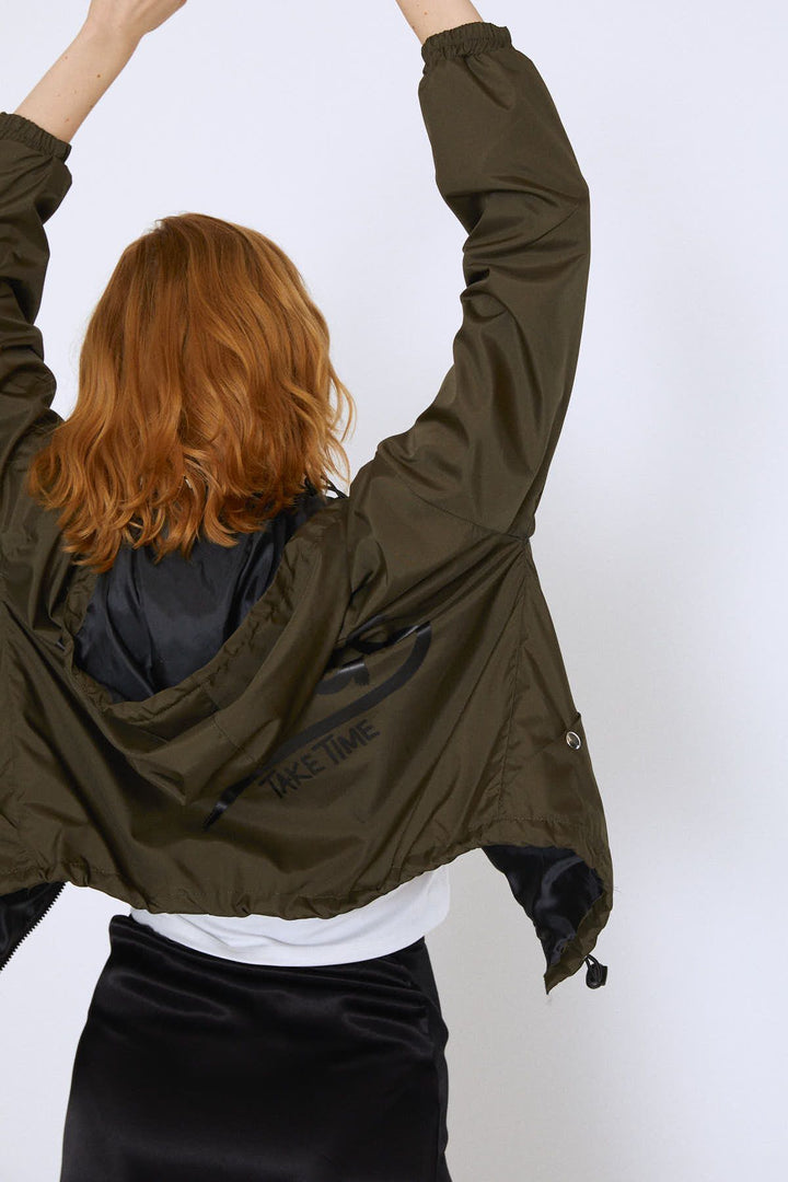 Kangaroo Pocket Printed Back Raincoat Khaki