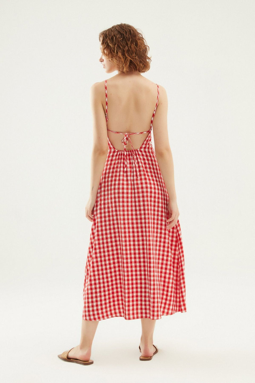 Düğmeli Ekose Elbise Kırmızı