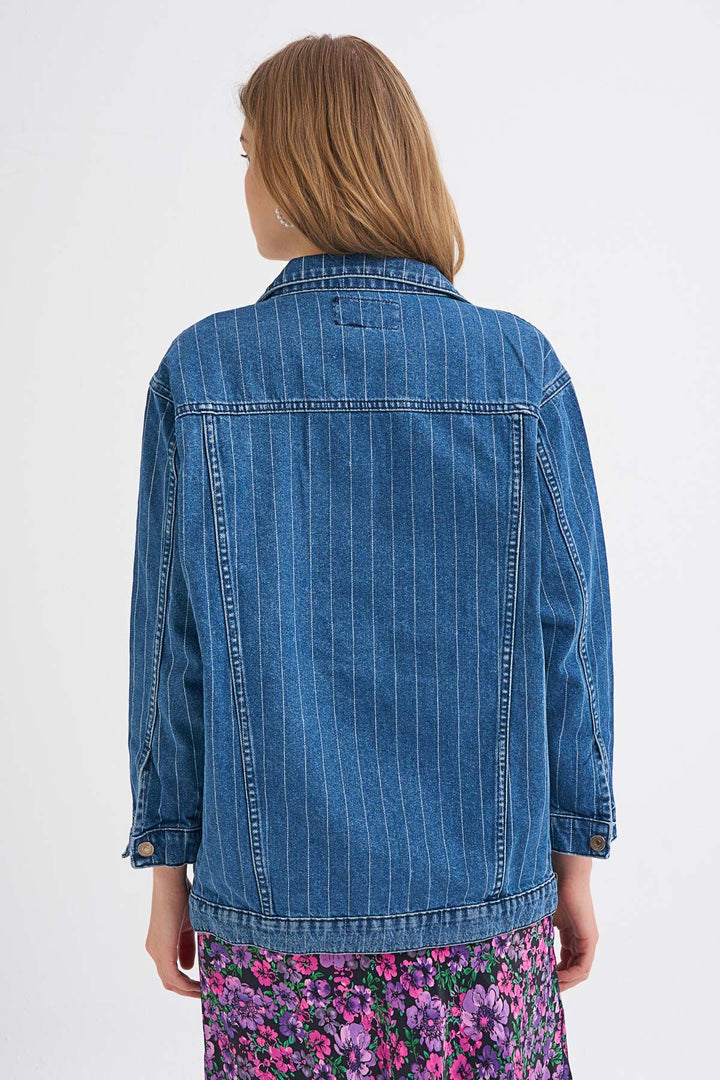 Striped Long Denim Jacket Dark Blue